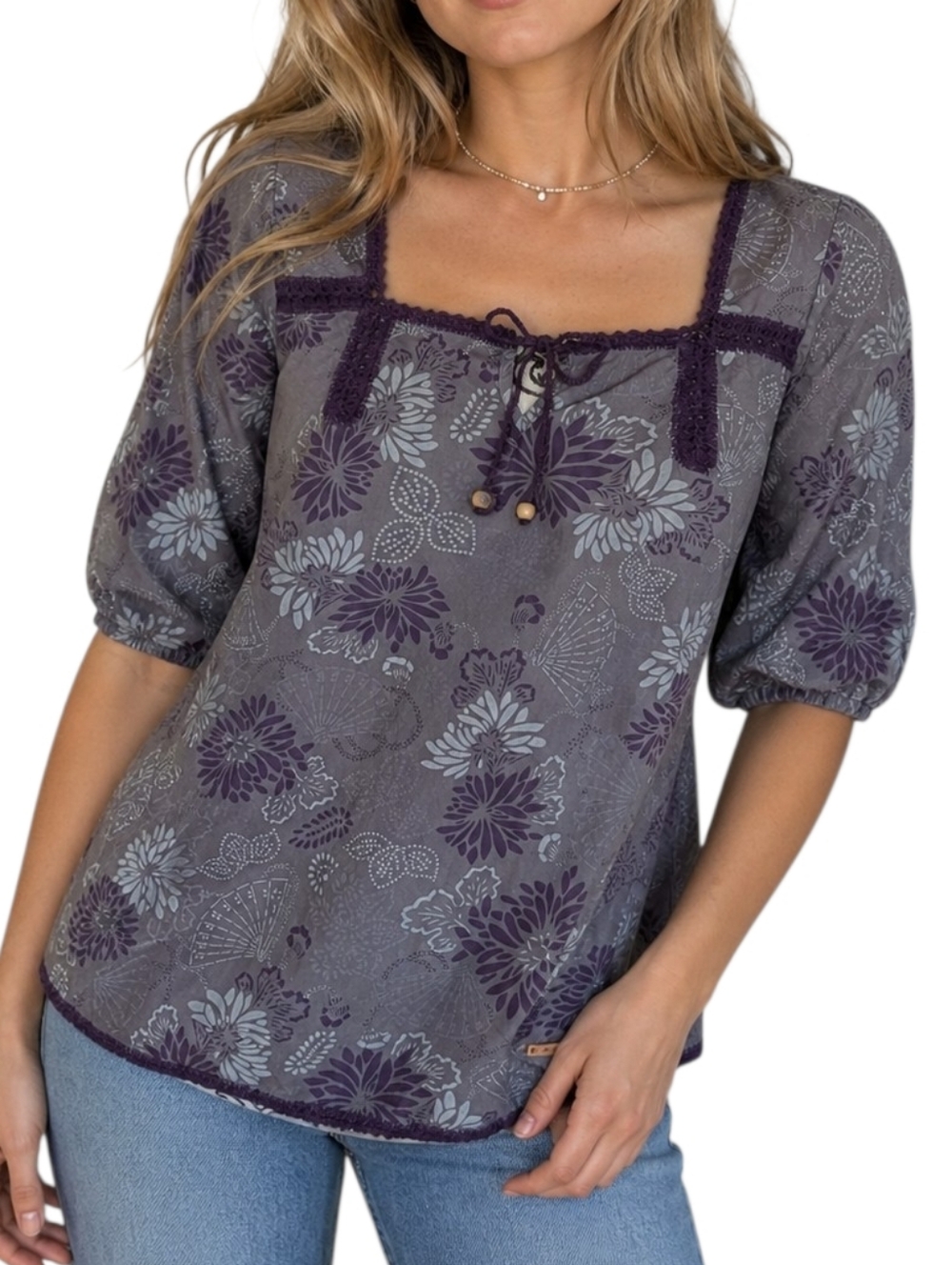 Roots Peasant Blouse Floral Cotton Boho Womens Small Purple Grey